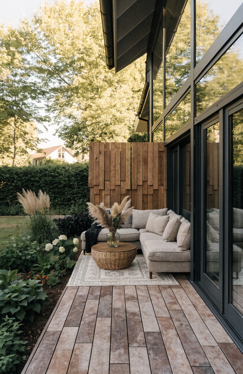 Wooden deck patio with beige L-shaped sofa, round wooden coffee table, potted pampas grass and plants, tall slatted wooden privacy screen, and black-framed glass sliding doors to a modern house surrounded by garden beds.