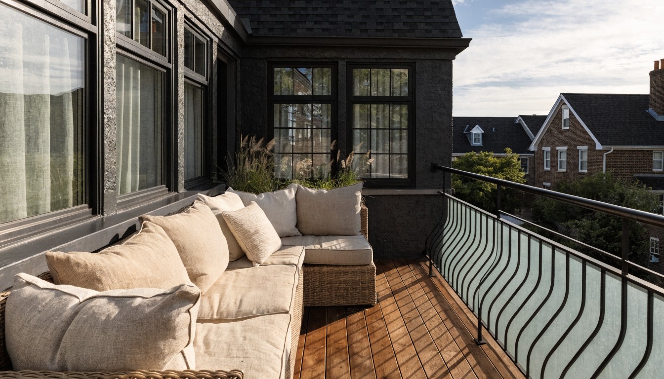 Modern black house with wooden balcony deck, beige L-shaped outdoor sofa with cushions, tall potted grasses, and glass railings with metal accents.