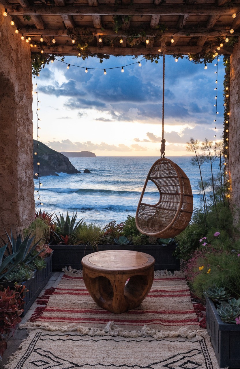 Stone-walled balcony overlooking ocean waves at sunset, with hanging woven egg chair, round wooden table on rug, potted plants, and string lights.
