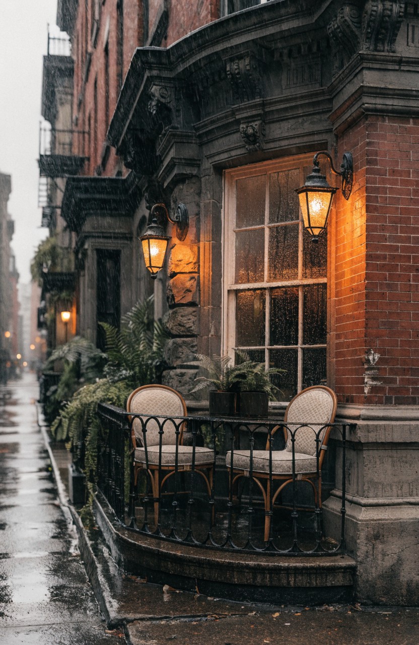 Rainy wrought-iron balcony on red brick townhouse with two white wicker chairs, round table, potted ferns, and wall lanterns beside a window.