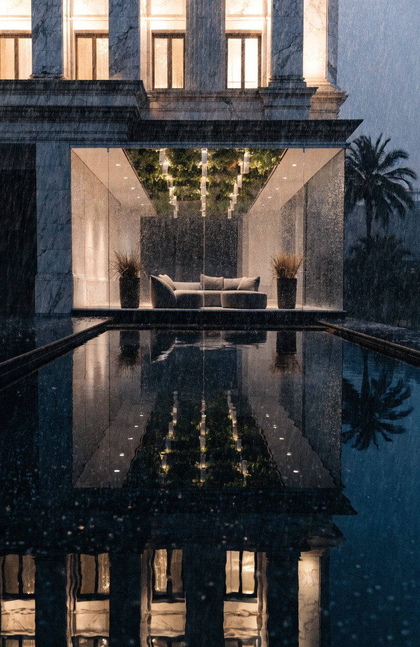 Modern white marble home exterior at night during rain, showing a covered terrace with hanging plants, sofa, and large pots above a rectangular pool with light reflections on the water surface.