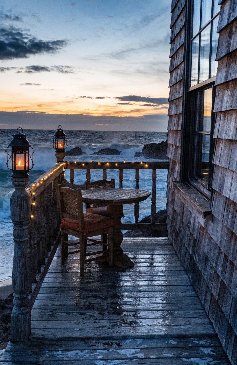 Wooden balcony on a shingled house at dusk overlooking rocky ocean waves, with hanging lanterns on corner posts, string lights along railing, small round table, and chair.