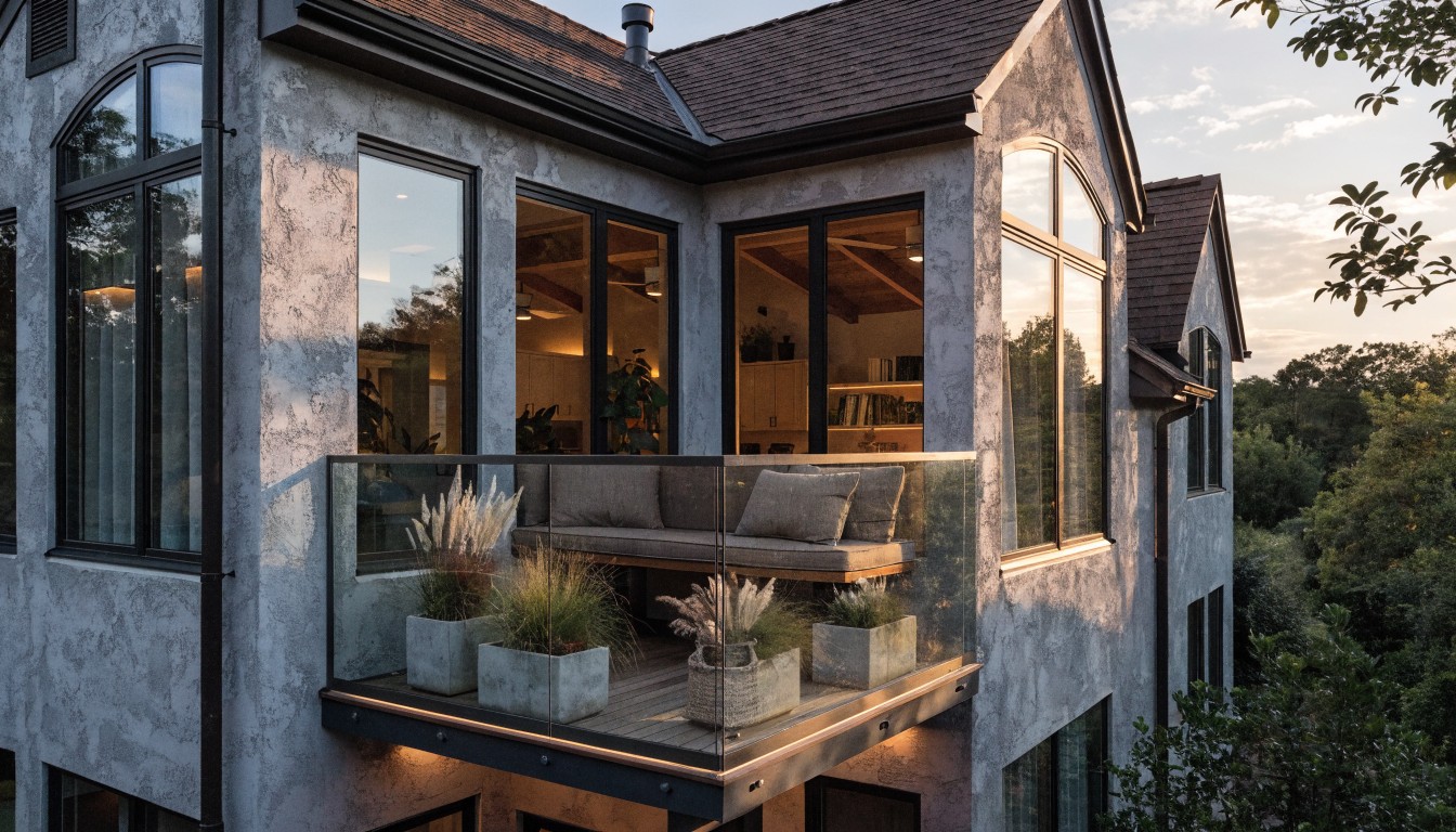 A contemporary stone-clad house exterior with a curved balcony featuring glass railings, wooden decking, potted grasses and plants, and LED strip lights glowing underneath the railings at dusk.