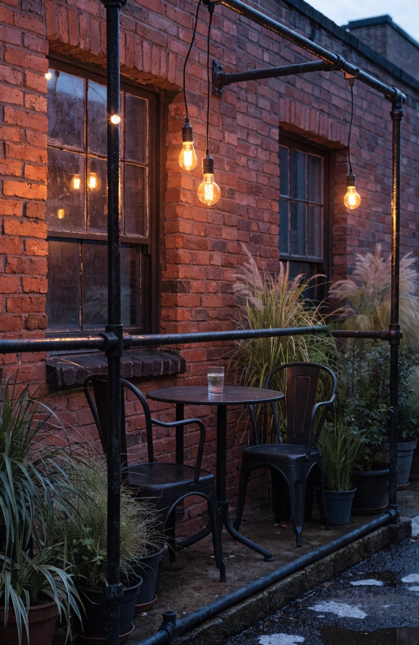 Brick exterior balcony with black pipe railings supporting hanging exposed bulb lights over a small round table and two chairs, potted tall grasses on the sides at dusk.