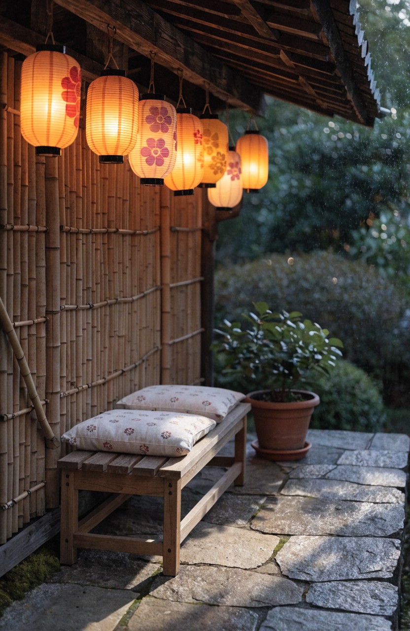 Bamboo-walled outdoor structure with sloped roof, multiple hanging orange paper lanterns with red and pink floral patterns, wooden bench with white cushions, potted plant, on stone path amid greenery.