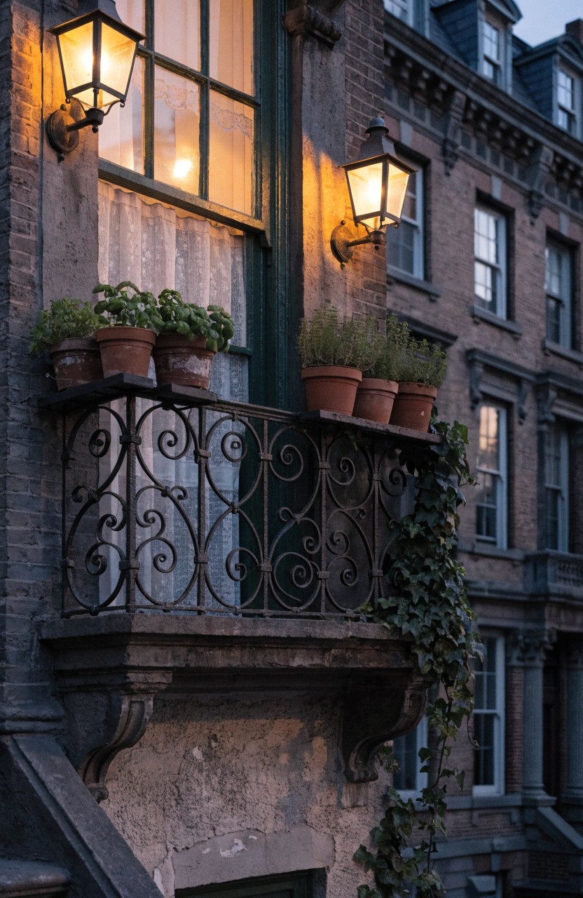 Brick townhouse exterior at dusk with wrought iron balcony holding potted herbs and ivy, lit by two wall-mounted lanterns flanking a green window.