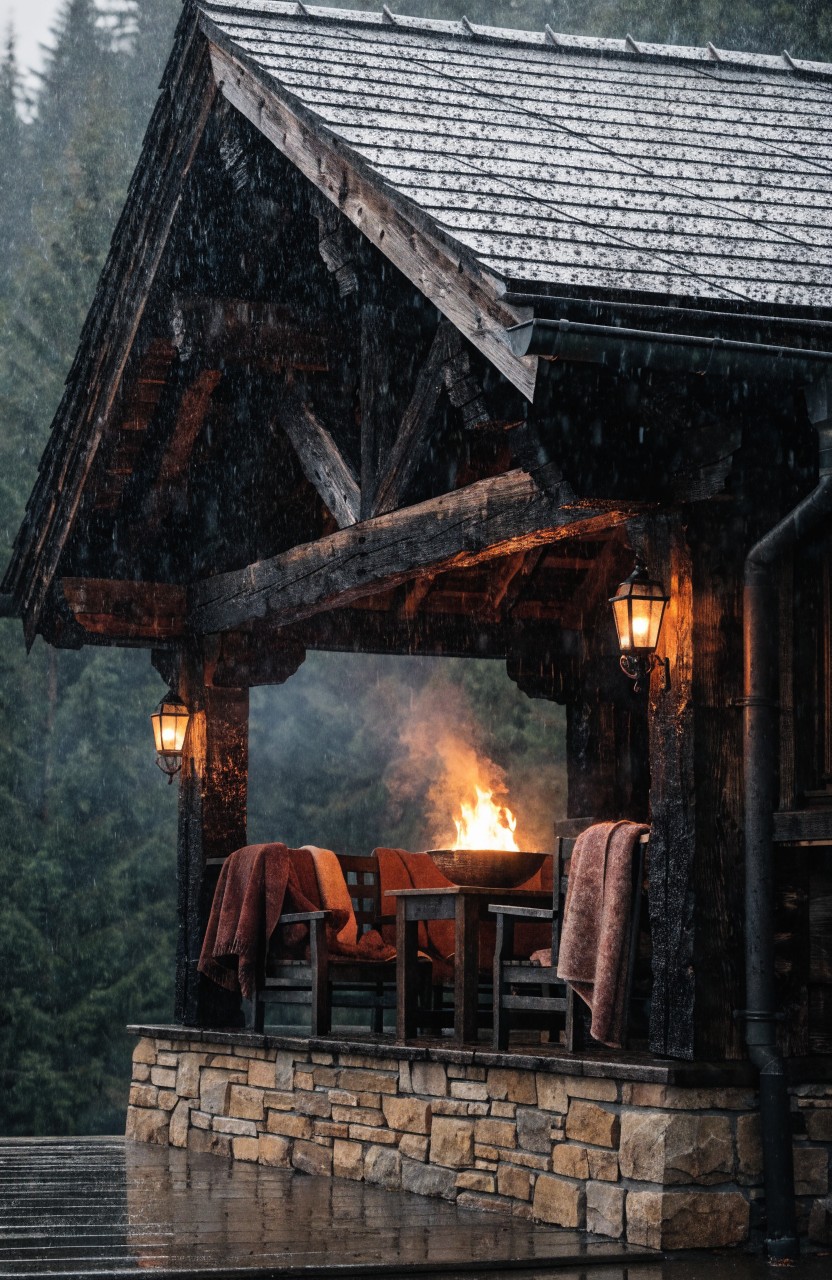 Wooden covered porch on a stone deck with two hanging lanterns lighting chairs, table, fire pit, and blankets next to evergreen trees during rain.