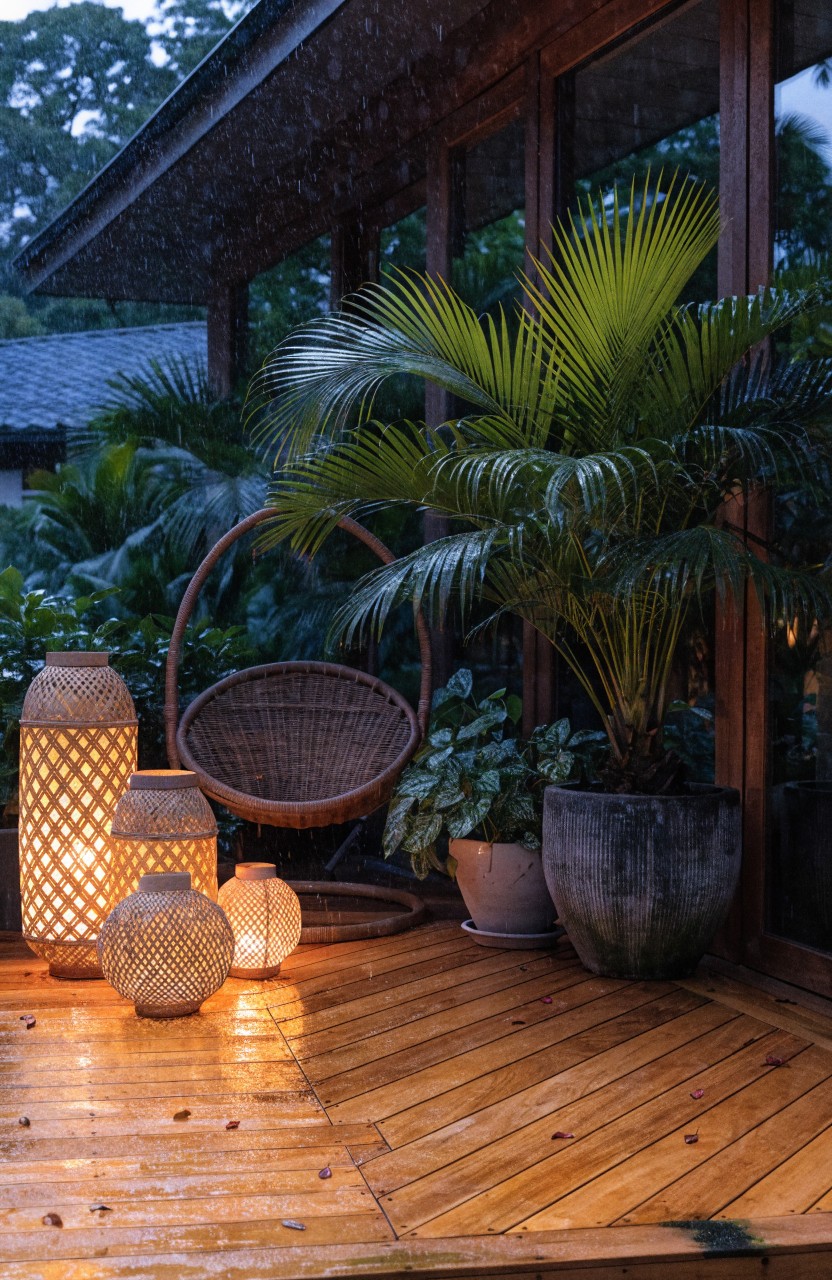 Wooden balcony deck at dusk with multiple woven lanterns on the floor emitting warm light, a hanging rattan chair, tropical plants, large glass doors, and light rain falling.