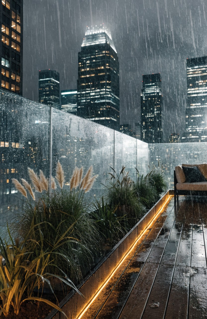 Rainy nighttime balcony on a high-rise with wooden deck, glass railing, LED strip lights along planters with pampas grass and greenery, beige sofa with pillows, and city skyscrapers in the background.