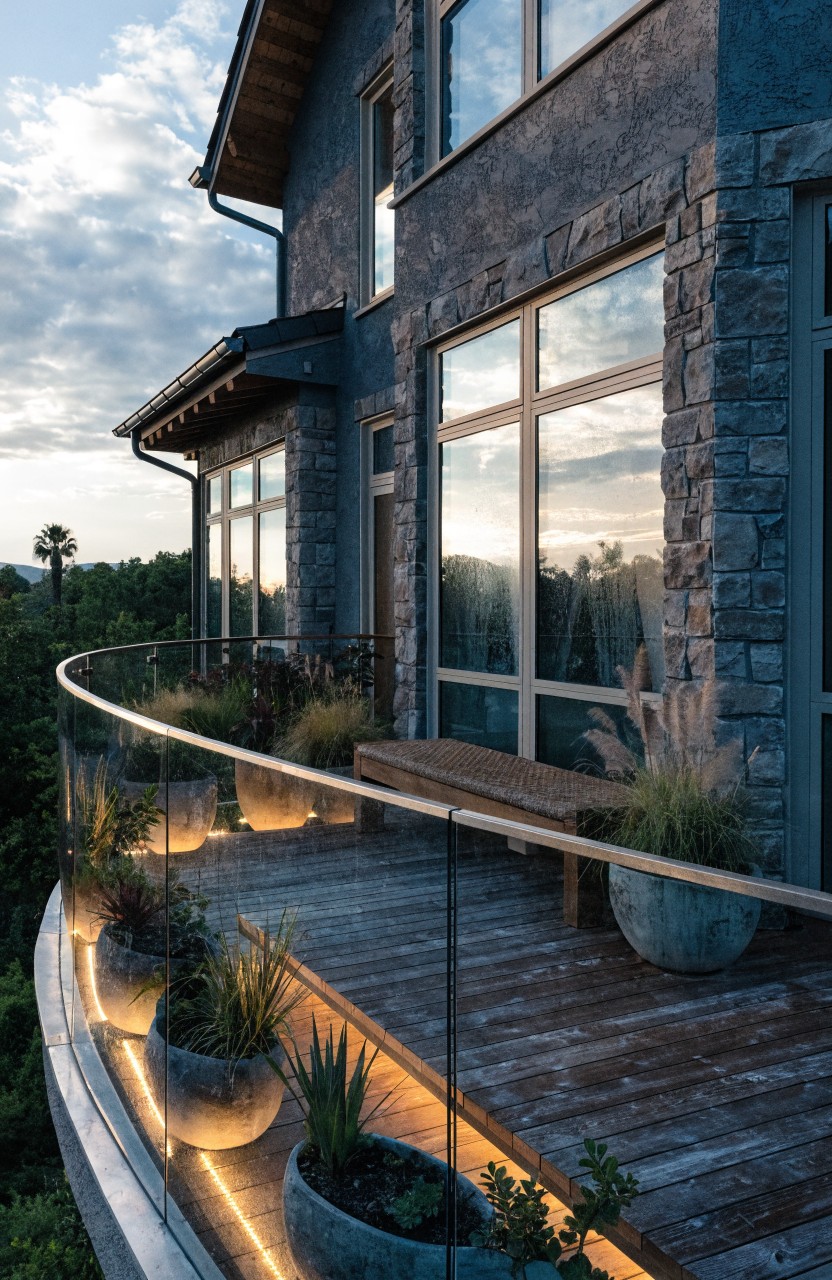 A contemporary stone-clad house exterior with a curved balcony featuring glass railings, wooden decking, potted grasses and plants, and LED strip lights glowing underneath the railings at dusk.