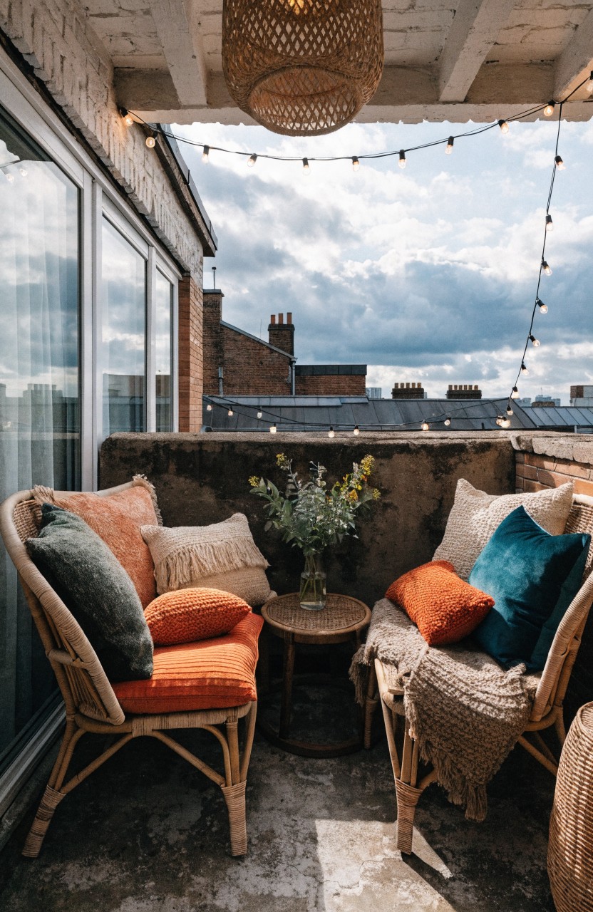 Balcony with two rattan chairs in orange and green cushions, small round table holding vase of flowers, woven pendant light overhead, and strings of lights draped from ceiling to railing against brick walls and rooftop view.