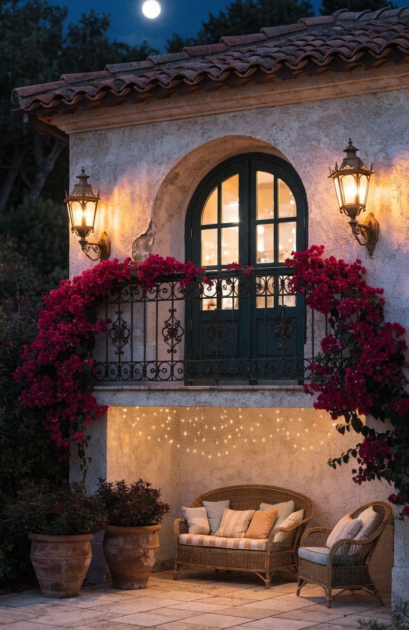Nighttime view of a stucco house exterior with a wrought-iron balcony draped in red bougainvillea, flanked by wall lanterns, green door, string lights under the balcony, and wicker seating on a patio below.