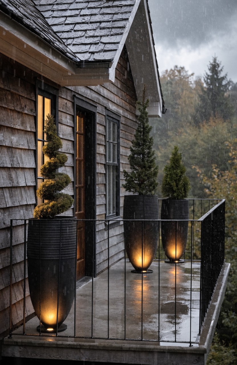 Rainy balcony deck on a wood shingle house with three tall black pots of spiral topiary plants uplighted from below, dark wood door and window lit from inside, metal railing, and forest backdrop.