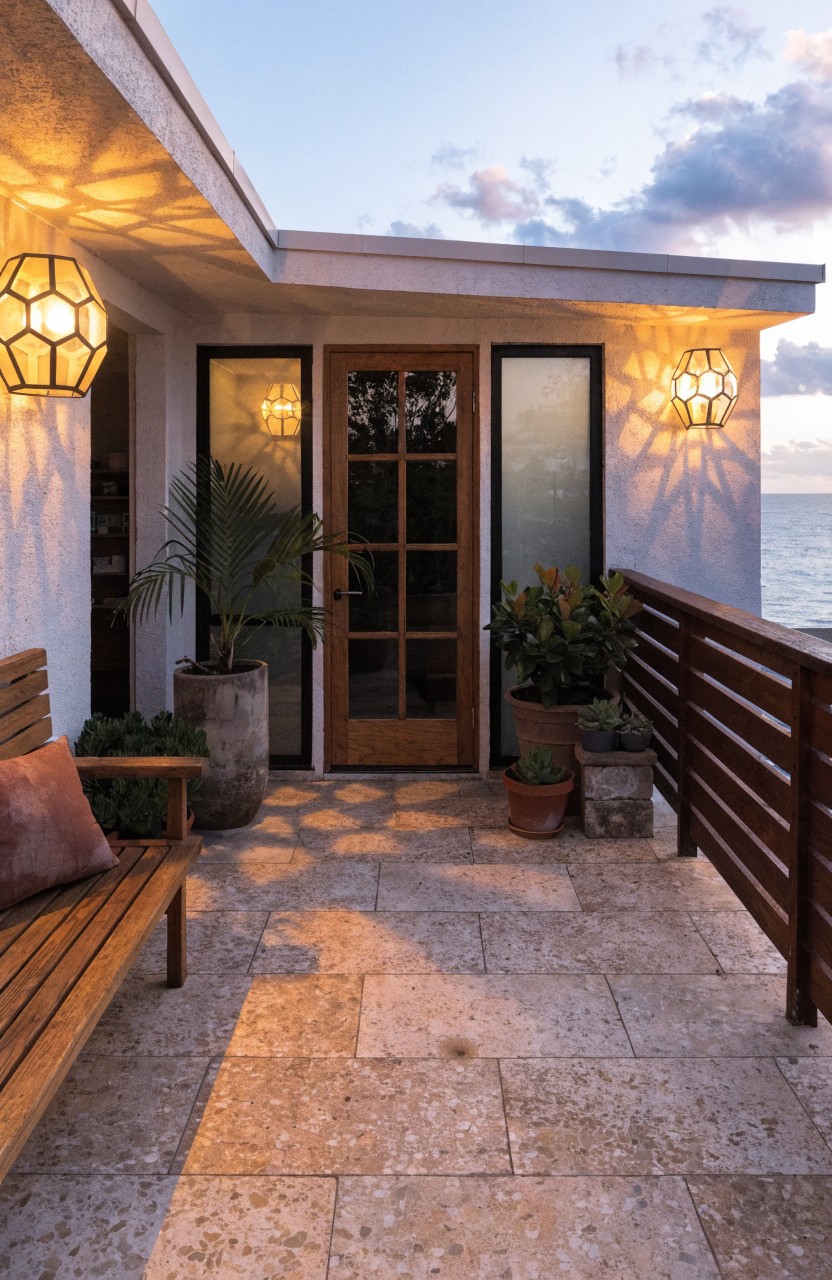 Balcony terrace at dusk featuring two geometric glass wall lanterns flanking a wooden door with glass panels, potted plants, a cushioned bench on a wooden frame, stone flooring, and a wooden railing overlooking the ocean.
