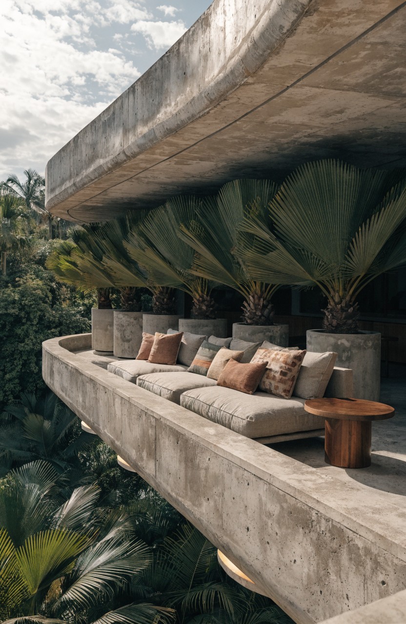Wide cantilevered concrete balcony overhanging lush tropical palm trees and dense green vegetation, with low beige sofa topped by patterned cushions, wooden side table, and large potted plants.