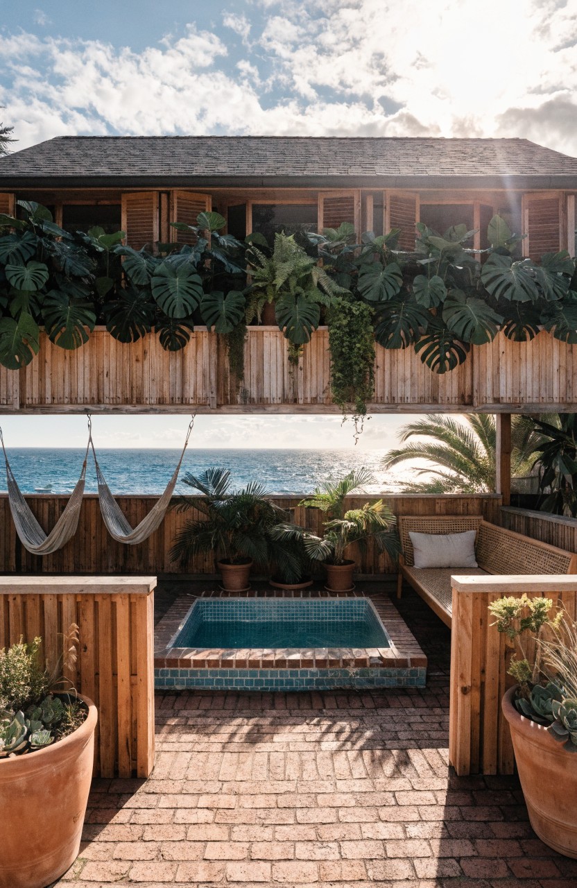Wooden balcony deck with a central rectangular blue-tiled hot tub, wooden railings covered in large monstera leaves, hanging hammocks, potted plants, cushioned bench seating, and an ocean view beyond.