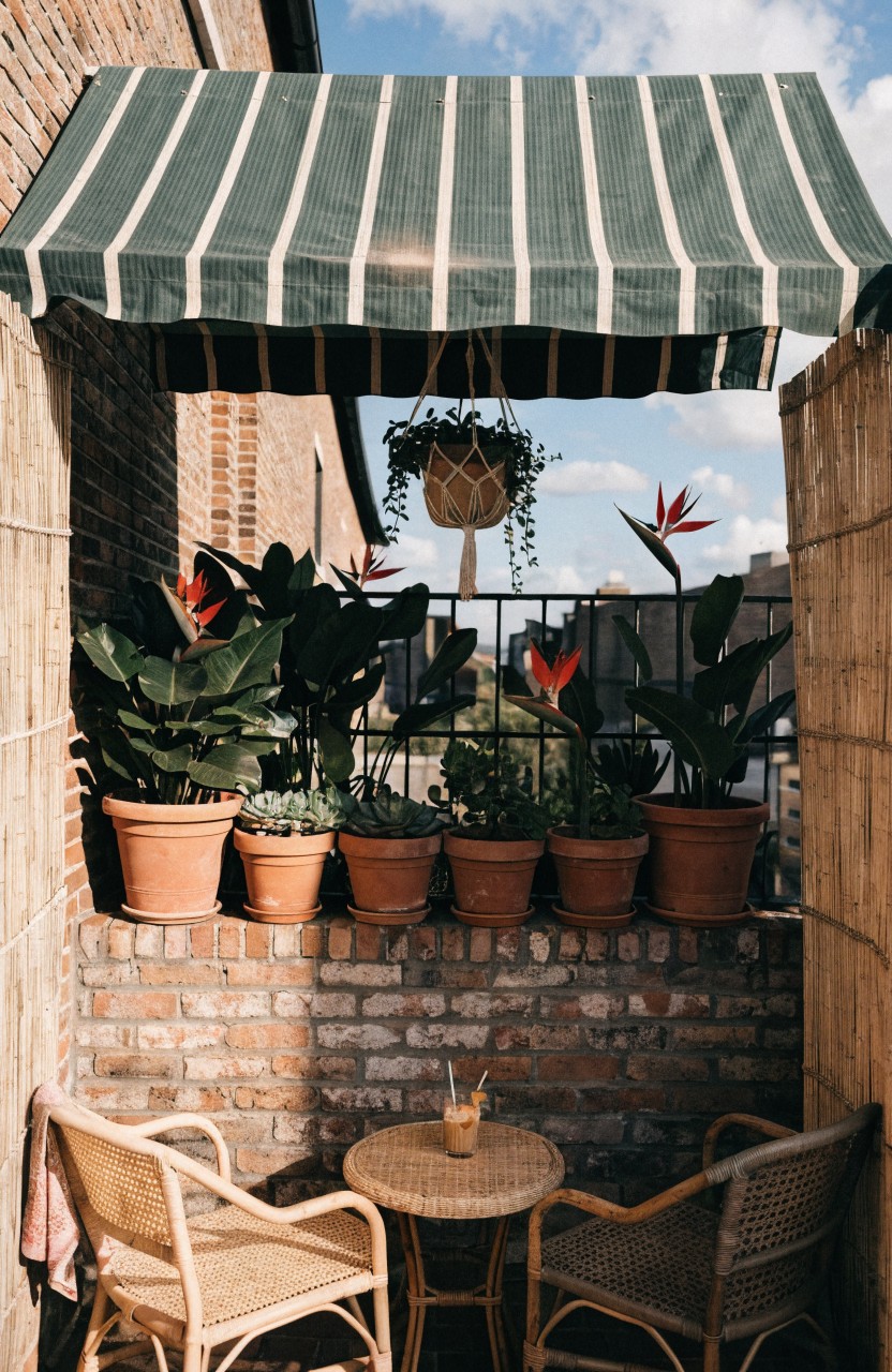 Small brick balcony enclosed by bamboo screens and large potted tropical plants under a green-and-white striped awning, with two rattan chairs around a round table holding a yellow drink.