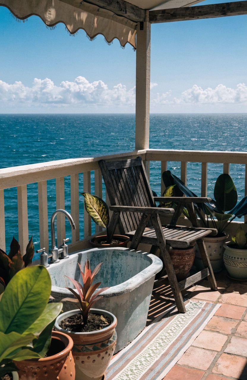 Wooden balcony with white railings overlooks blue ocean under partly cloudy sky, holding clawfoot bathtub amid potted tropical plants, wooden chairs, and striped rug on terracotta tiles beneath beige fabric awning.