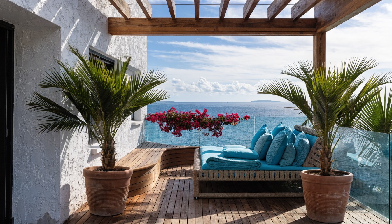 White stucco balcony featuring a curved wooden bench in the corner, a blue wicker daybed with pillows, potted palm trees, purple bougainvillea draping over the glass railing, and an ocean view with a distant island.