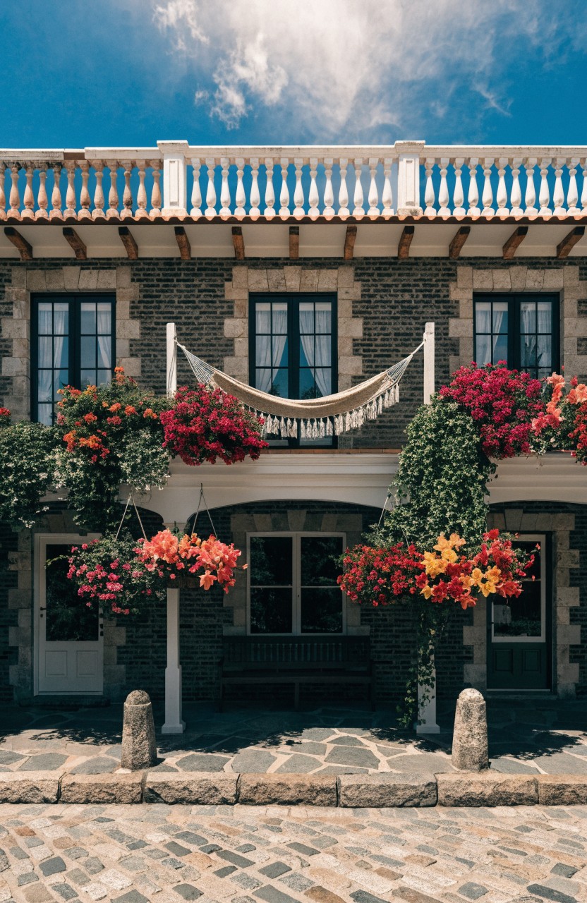Stone facade house with arched balcony railings draped in red, pink, orange, and yellow trailing flowers from hanging baskets, a white hammock suspended below, climbing vines, and a front bench on a cobblestone path under a blue sky with clouds.