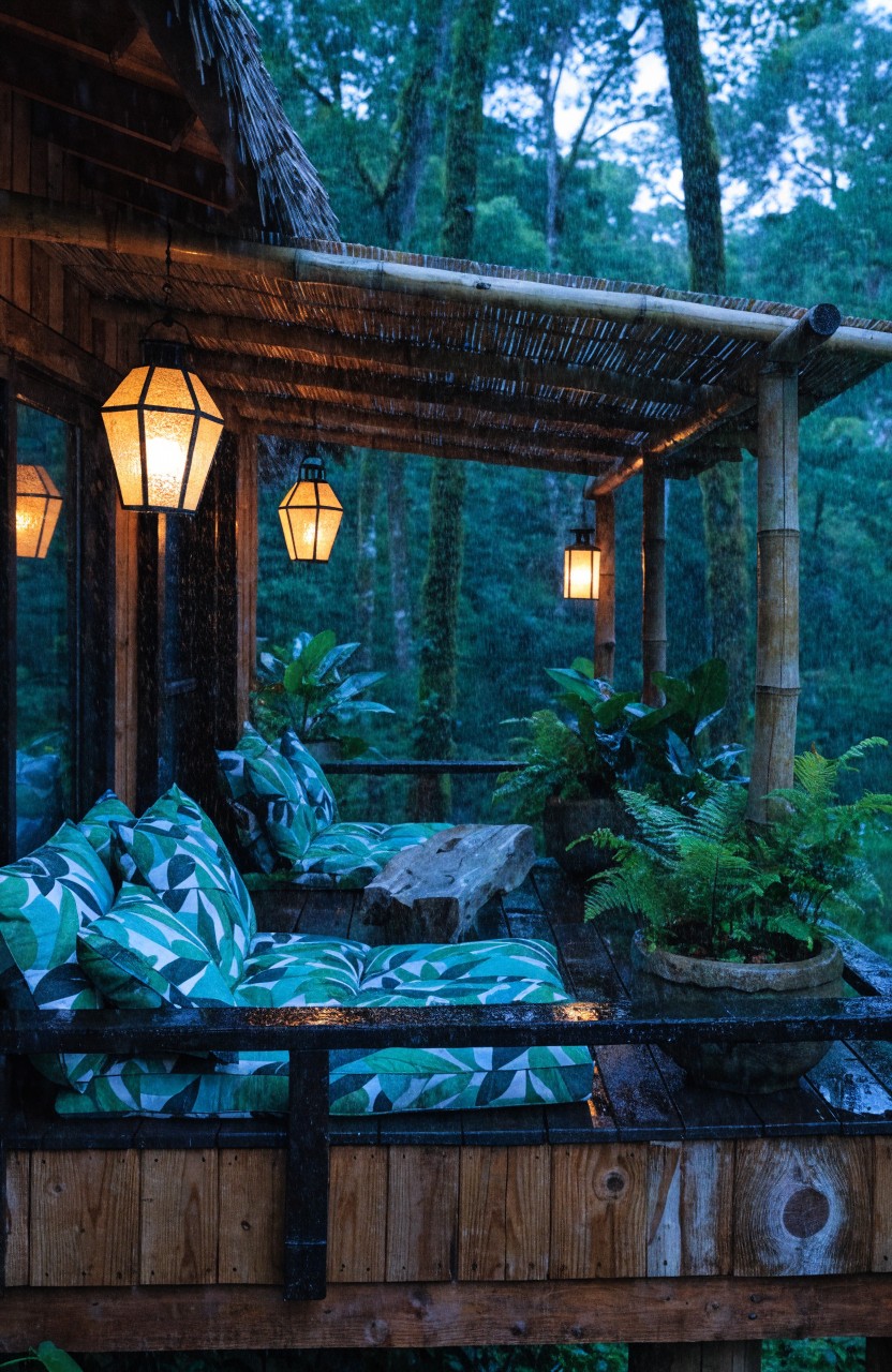Wooden balcony deck with turquoise patterned cushions on benches, multiple hanging lanterns lit at dusk, bamboo railings, potted ferns, and dense jungle foliage in the background.