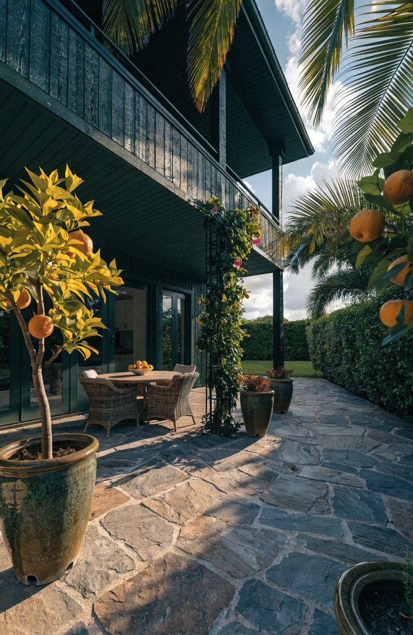 Dark green house exterior with upper balcony and vine-covered railings overlooking a stone-paver patio with wicker table and chairs surrounded by large potted orange trees, climbing plants, and hedges.
