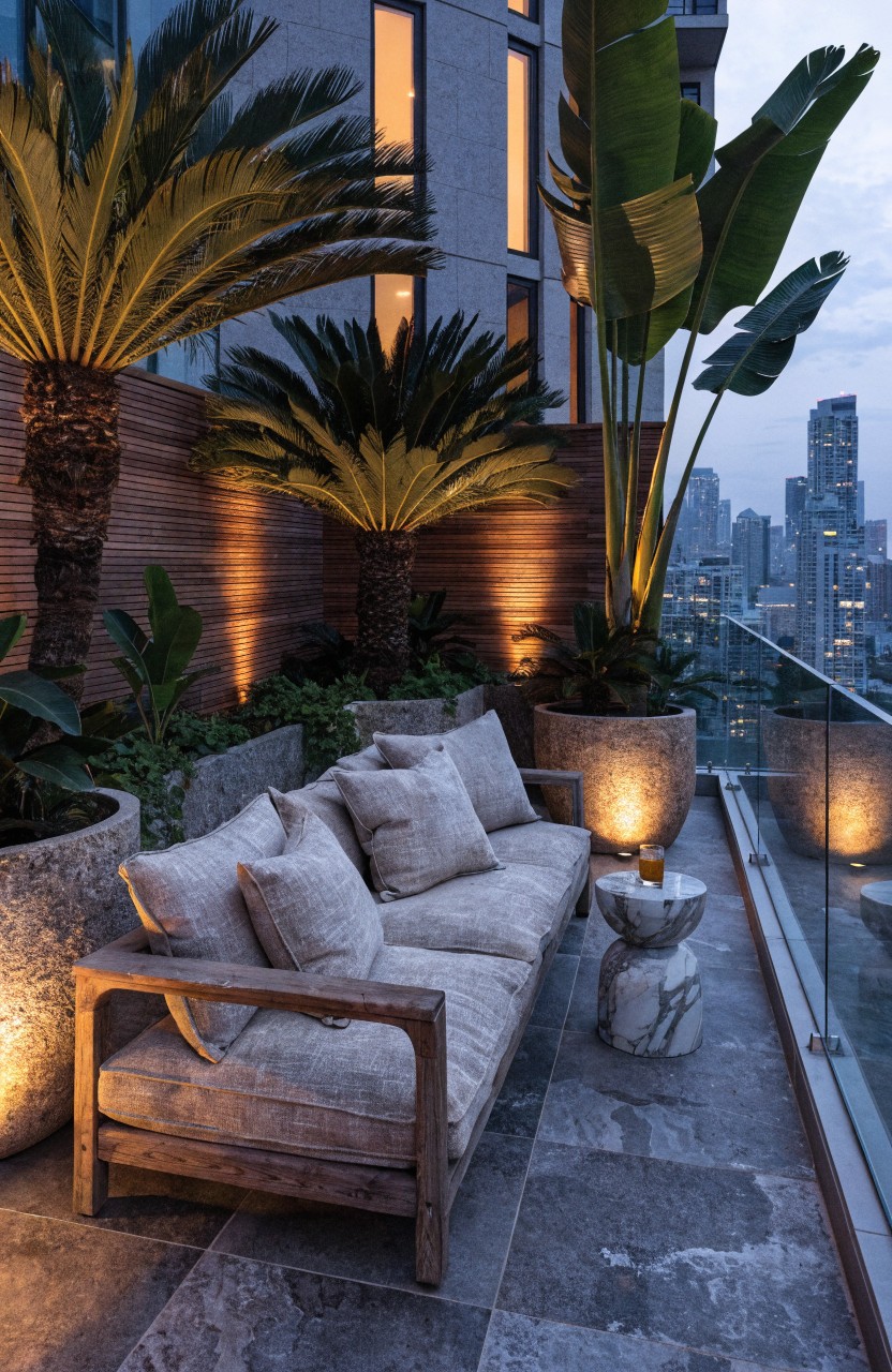 Balcony with beige linen sofa and marble side table seated against tall slatted wooden privacy screens backed by large potted tropical plants including palms and banana leaves, warm uplighting, glass railing, and city skyline view at dusk.