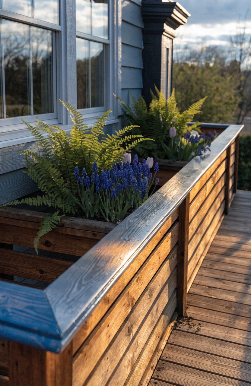 Wooden balcony railing with integrated planter boxes containing ferns and blue hyacinth flowers, next to a house with blue siding and large windows.