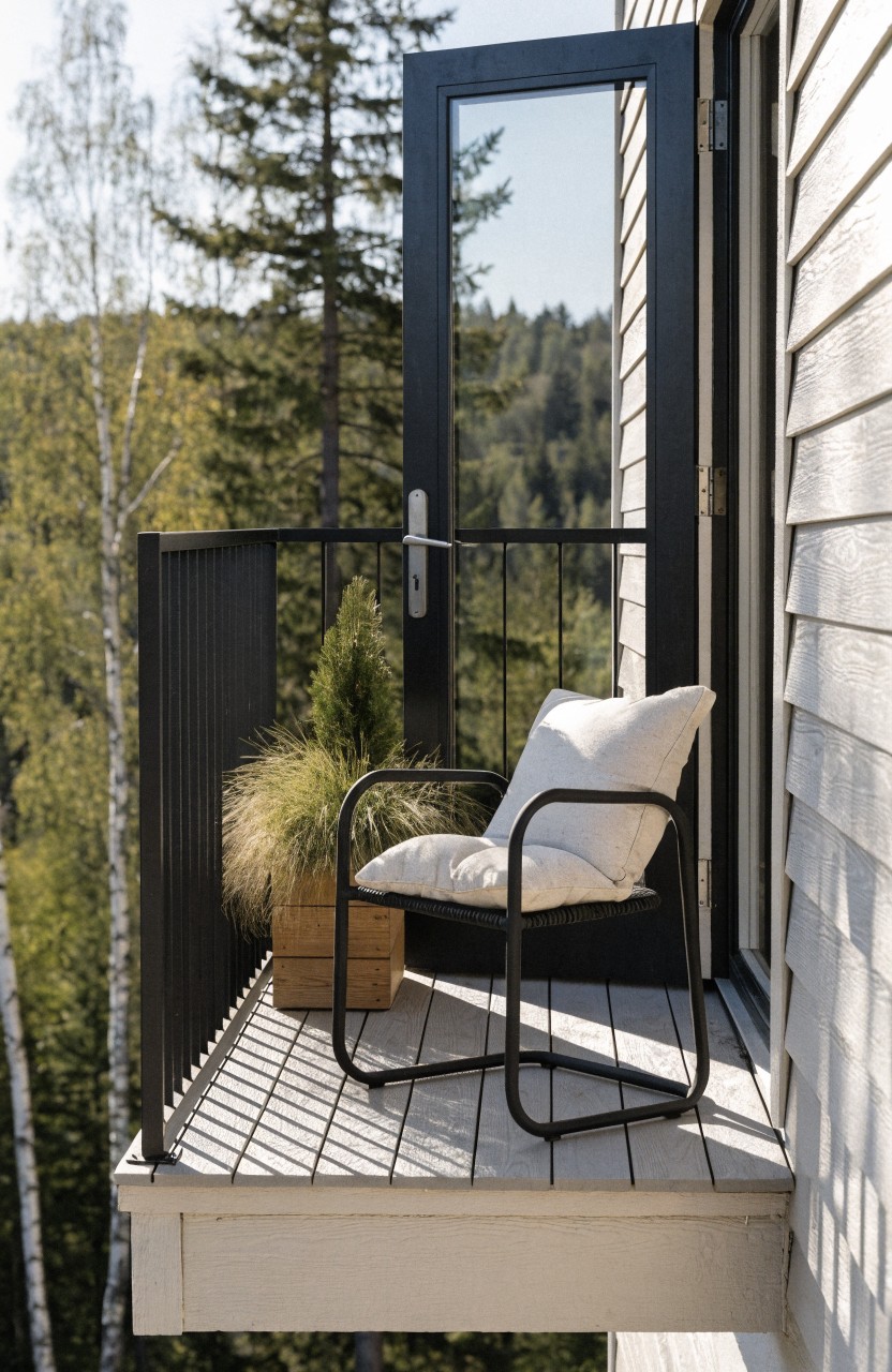 Small cantilevered balcony on light wood house siding with slim black metal railings, black-framed doors open to outdoors, single white cushioned chair, potted grass plant and small conifer, overlooking birch forest on sunny day.