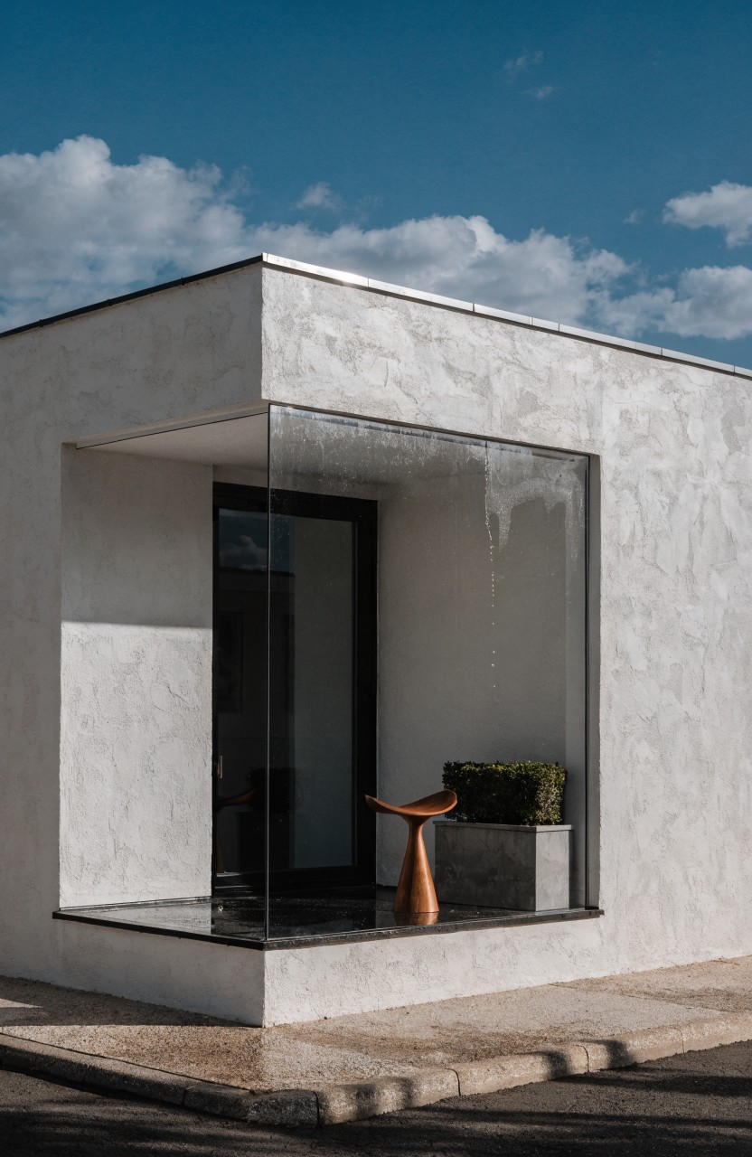 White stucco building corner with black-framed floor-to-ceiling glass enclosure containing a wooden stool and potted boxwood plant on a paved surface under partly cloudy blue sky.