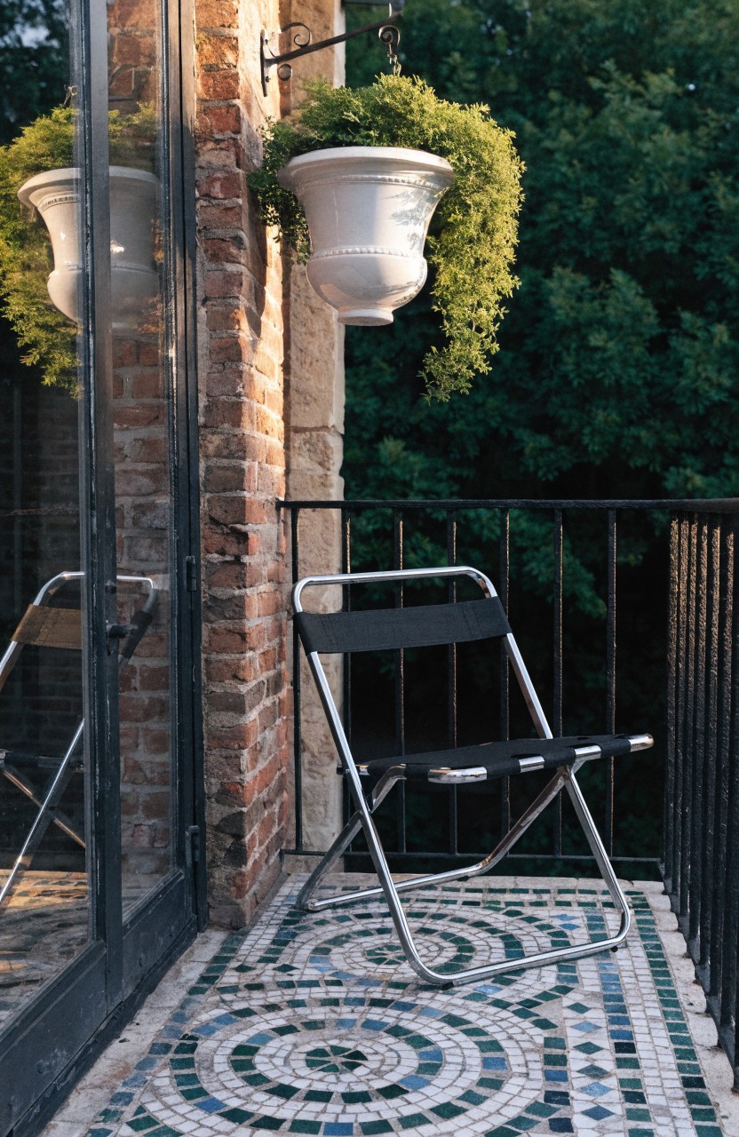 Small outdoor balcony featuring a black folding chair on green and blue mosaic tiled floor, with a white hanging planter of trailing green foliage next to a glass door and black metal railing against a brick wall.