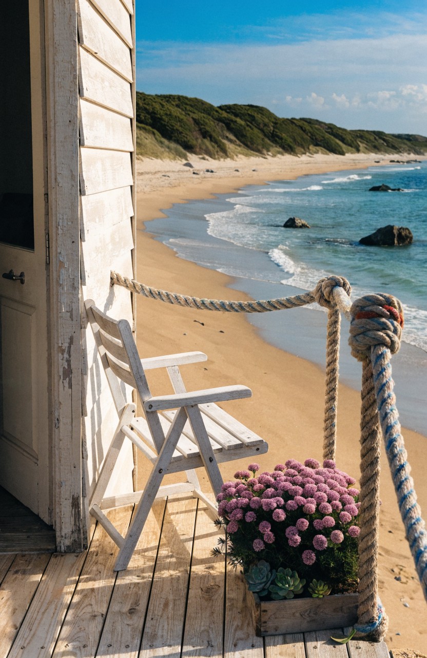 Weathered white wooden structure with open door, small wooden deck holding white folding chair and pink flower pot in wooden box, thick rope railings knotted to posts, sandy beach, ocean waves, and distant green dunes under blue sky.