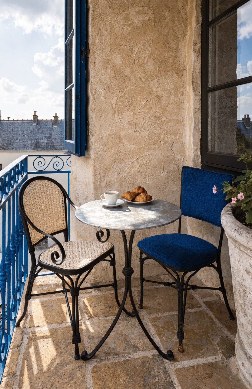 Small balcony with beige stucco wall, open blue shutters, round metal table holding a plate of croissants and coffee cup, two chairs, blue railing, potted plant, and view of rooftops under partly cloudy sky.