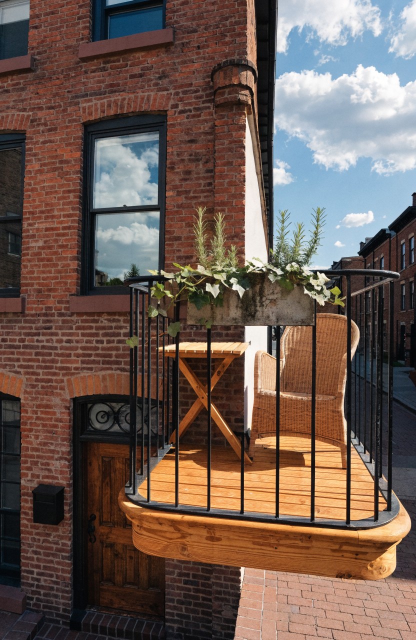 Small corner balcony on a red brick building with wooden decking, black metal railing, wicker armchair, folding wooden table, potted rosemary, and ivy overflowing from a white planter box.