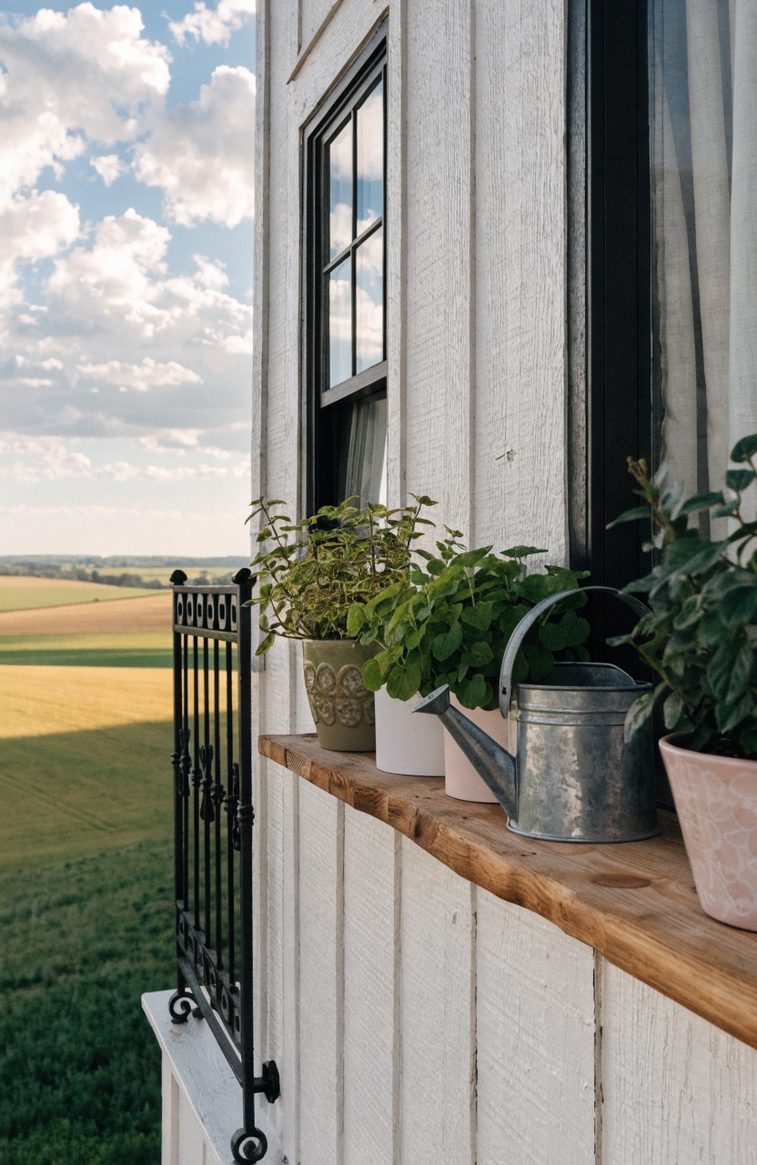 White shiplap exterior wall with black-framed window, wooden ledge holding potted herb plants and metal watering cans, black iron railing below, overlooking green fields and blue sky.
