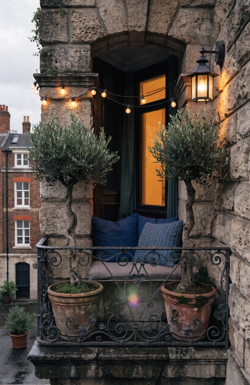 Stone arched balcony on a historic building with wrought iron railing, two large potted olive trees flanking it, blue cushions inside, string lights draped along the edge, and a lit wall lantern.