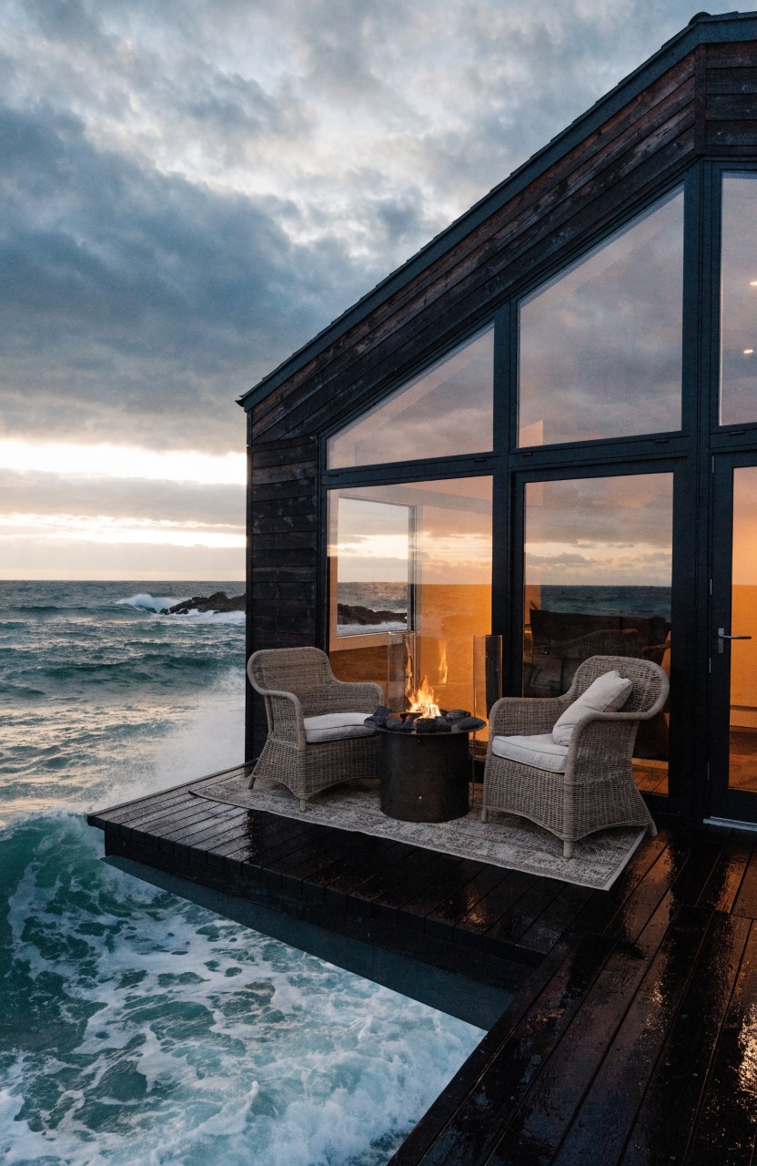 Wooden house exterior with angled roof and large glass walls on a deck balcony extending over ocean waves, two wicker chairs around a lit black fire pit on the wooden deck under cloudy sunset skies.