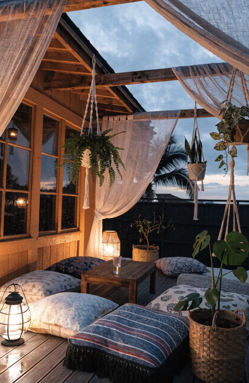 Elevated wooden deck balcony lounge with sheer white curtains draped from a pergola structure, floor cushions, low wooden table, hanging plants, potted greenery, lanterns, and wooden walls visible at dusk.