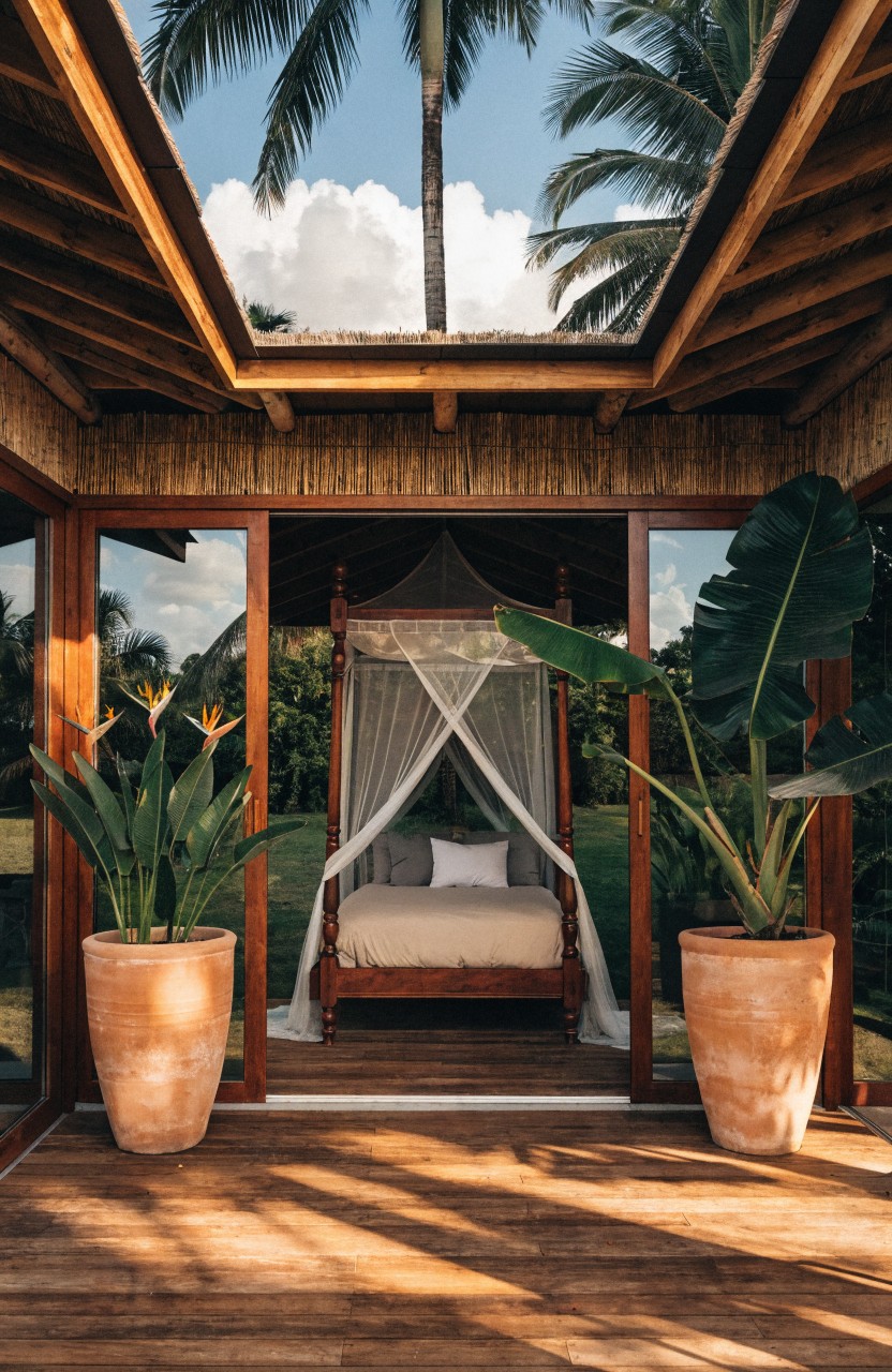 Open wooden pavilion on a deck with sloped roof and bamboo walls enclosing a four-poster bed draped in white netting, flanked by large potted tropical plants.