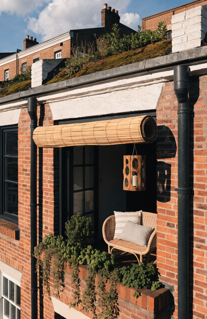 Brick townhouse exterior with a balcony holding a cushioned woven bench with pillows, trailing green plants in railing planters, a partially rolled-up bamboo blind above a black-framed window, and a hanging lantern with cutouts.