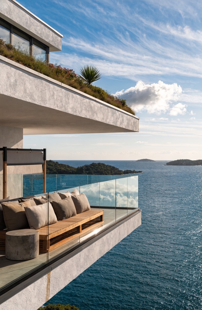 Cantilevered concrete balcony extending over the sea, featuring a wooden bench with beige cushions and pillows along a glass railing, potted plants, and distant islands under a partly cloudy sky.