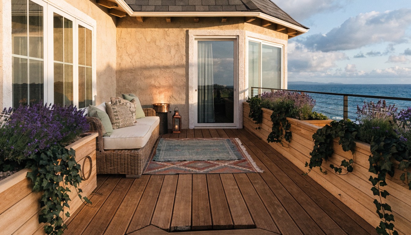 Gray stucco house with elevated wooden deck balcony containing a central black fire pit on a pedestal, gray cushions on seating, lanterns, potted lavender plants, and ivy on railings.