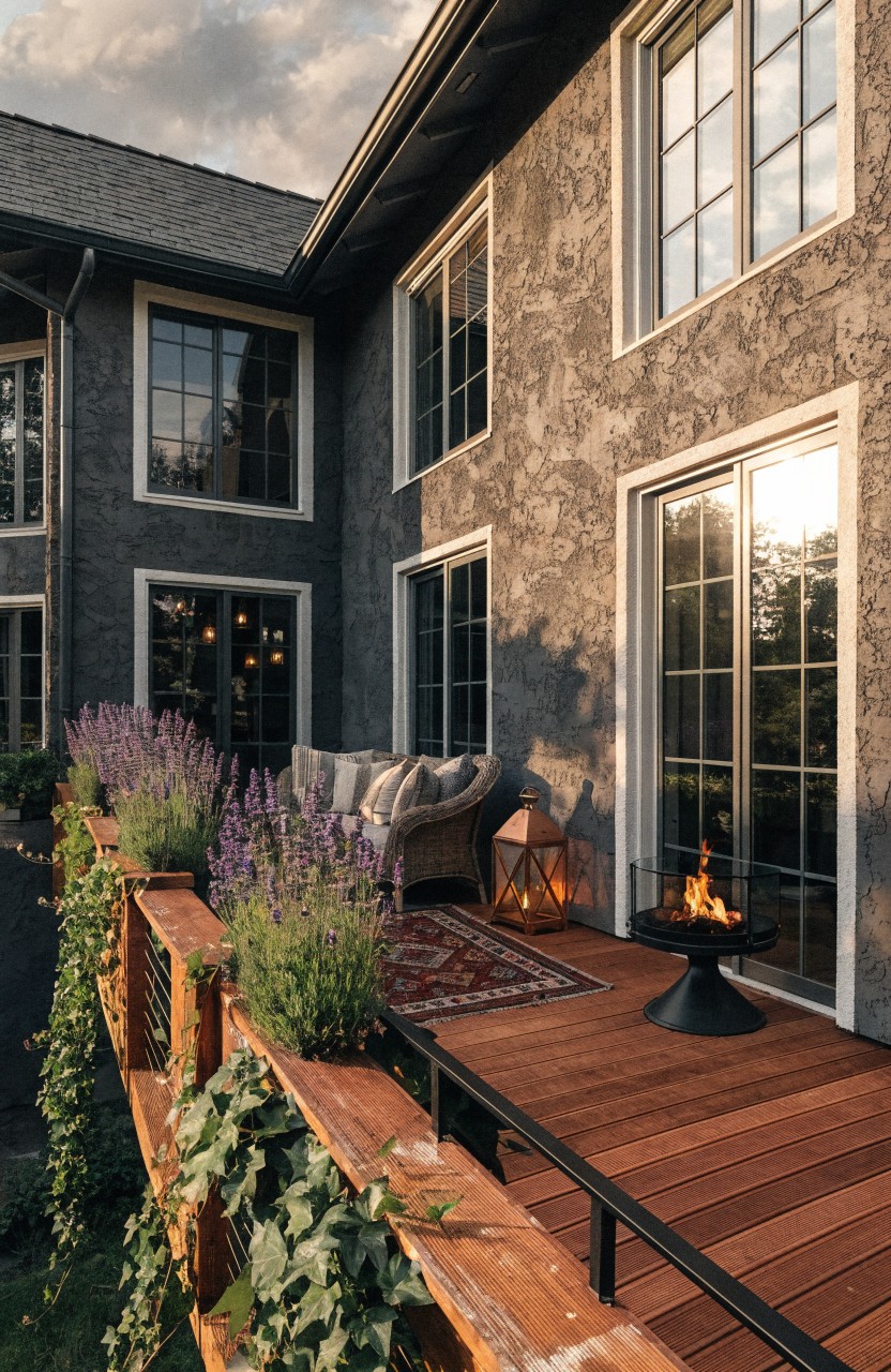 Gray stucco house with elevated wooden deck balcony containing a central black fire pit on a pedestal, gray cushions on seating, lanterns, potted lavender plants, and ivy on railings.