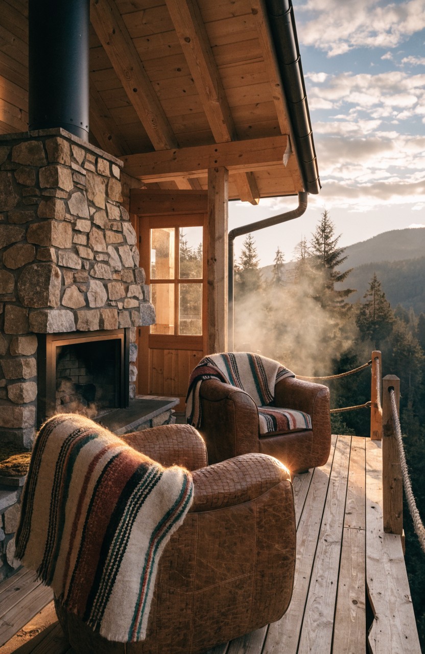 Wooden balcony deck with stone outdoor fireplace emitting smoke, two armchairs draped in striped blankets, overlooking forested mountains at dusk.