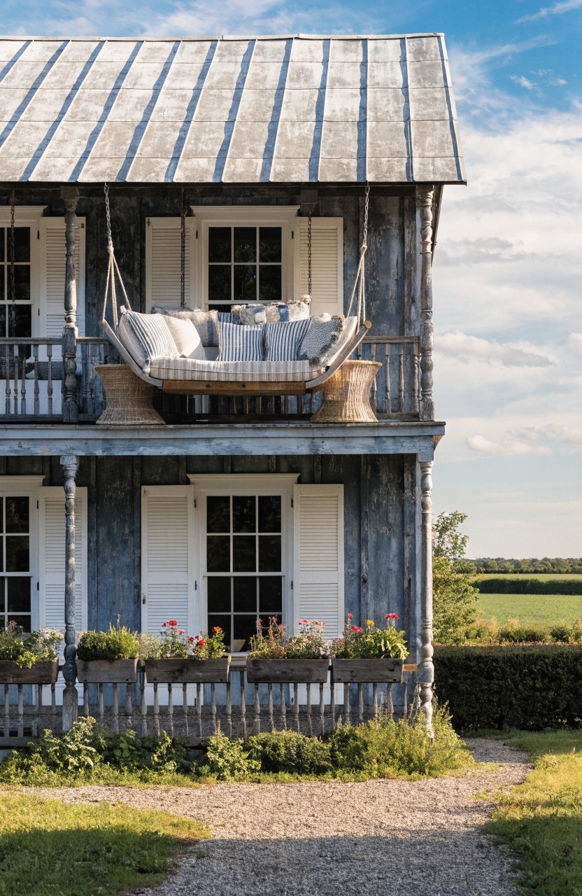 Two-story weathered wooden house with blue-gray siding, metal roof, second-floor balcony featuring a large suspended hammock lounge with striped cushions and pillows, white shutters, flower boxes on porch railings, gravel path, and open fields.