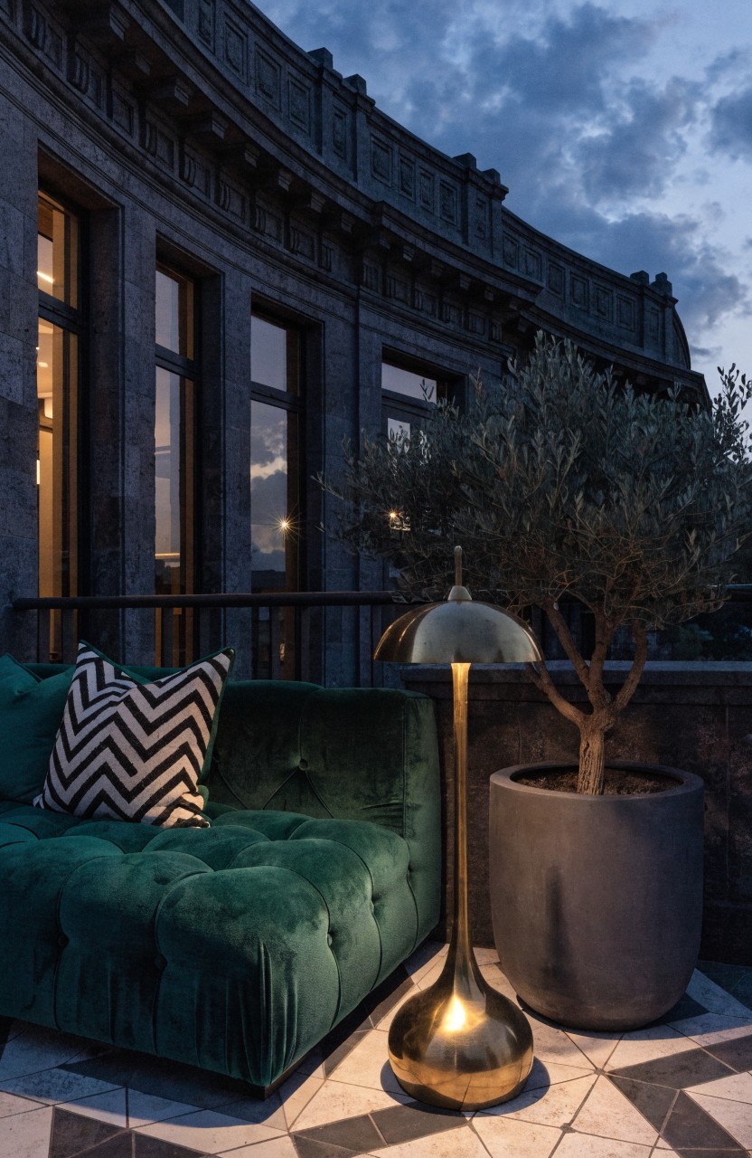 Balcony with emerald green tufted sofa, zigzag pillow, tall gold floor lamp, potted olive tree in gray pot, on black and white checkered tile floor against curved stone building facade with large windows at dusk.