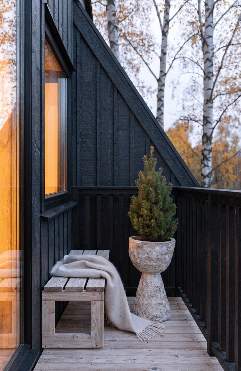 Dark angled wooden balcony wall and railing with a simple wooden bench draped in a light blanket, a white textured pot holding a small pine tree beside it, and yellow birch trees with warm window light in the background.