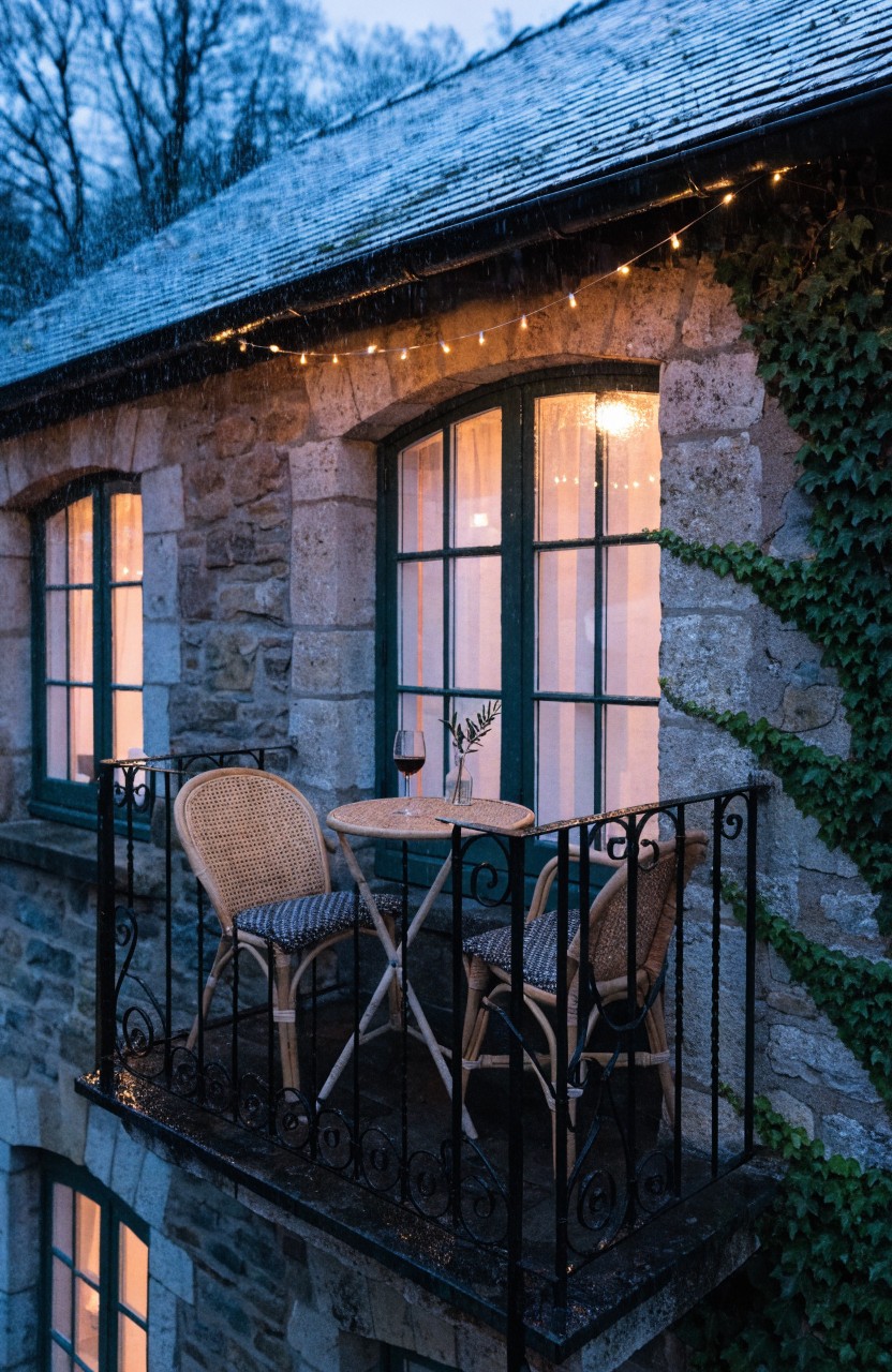 Stone house exterior with ivy on walls, a narrow balcony holding two wicker chairs around a small round table with a wine glass and plant, string lights along the roof edge, and warm-lit windows at dusk.
