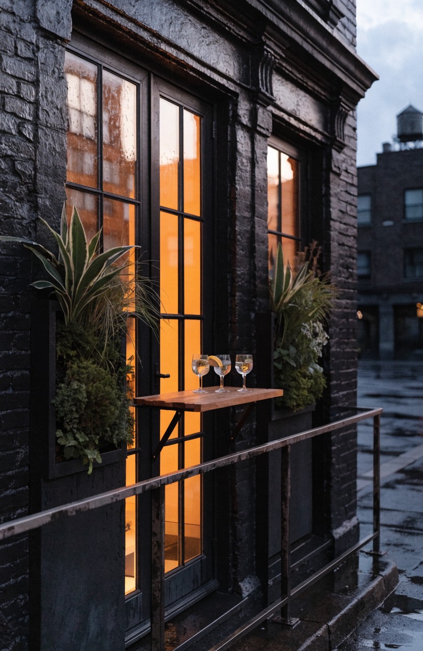 Dark brick building exterior featuring large lit windows flanked by potted plants, with a wooden shelf holding two glasses of wine extending over a metal railing amid rain.