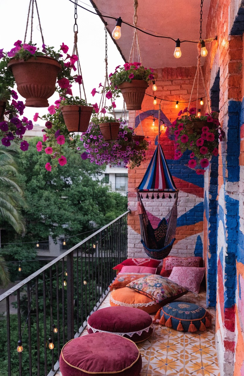 A balcony with exposed brick walls, hanging terracotta pots of pink and purple flowers, string lights, a colorful hammock, patterned tile floor, and scattered vibrant cushions and poufs.